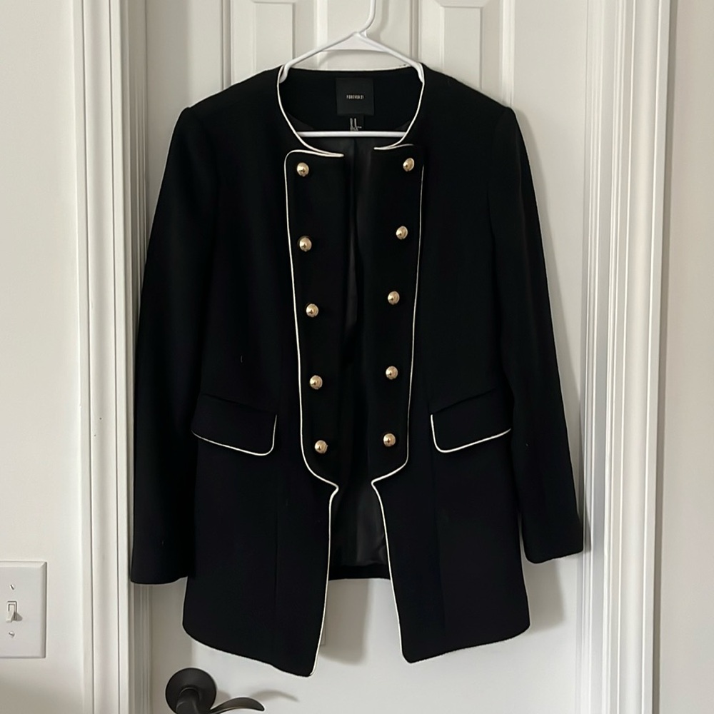 Forever 21 Black Blazer with White Trim and Gold Buttons